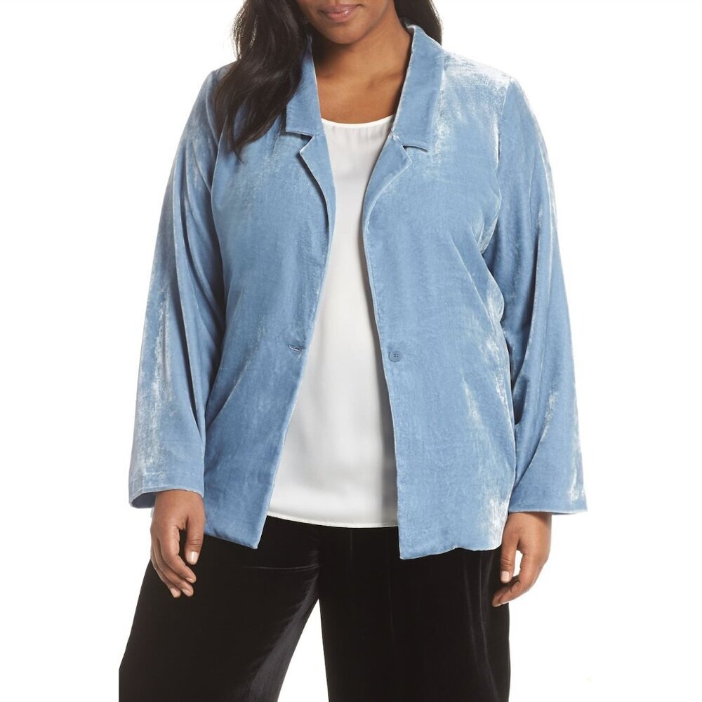 New w/Tags Eileen Fisher 3X Plus - Velvet Notch Collar Long Blazer, Light Blue